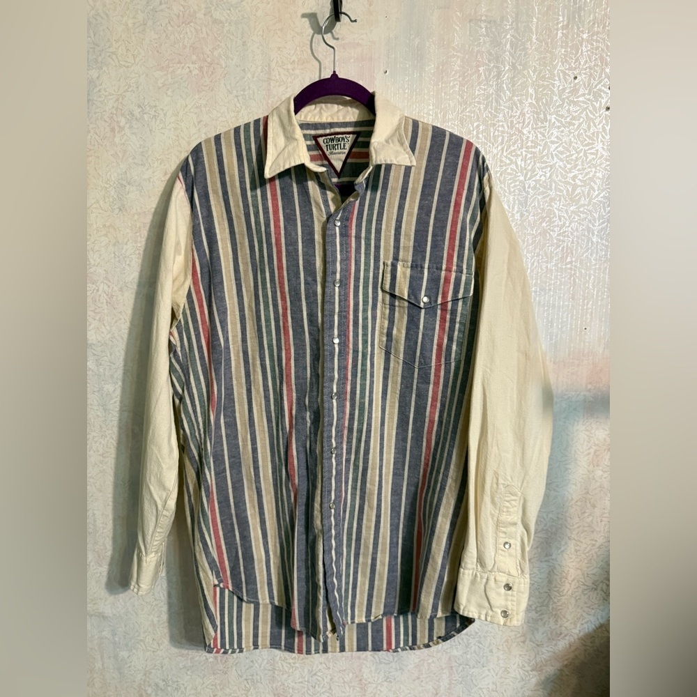 Vtg Cowboys Turtle Men's Pearl Button Snap Front Shirt in Blue / Cream Strips